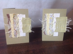 Scrappy strips of paper or fabric can be stitched onto the front of a card blank to make a unique card